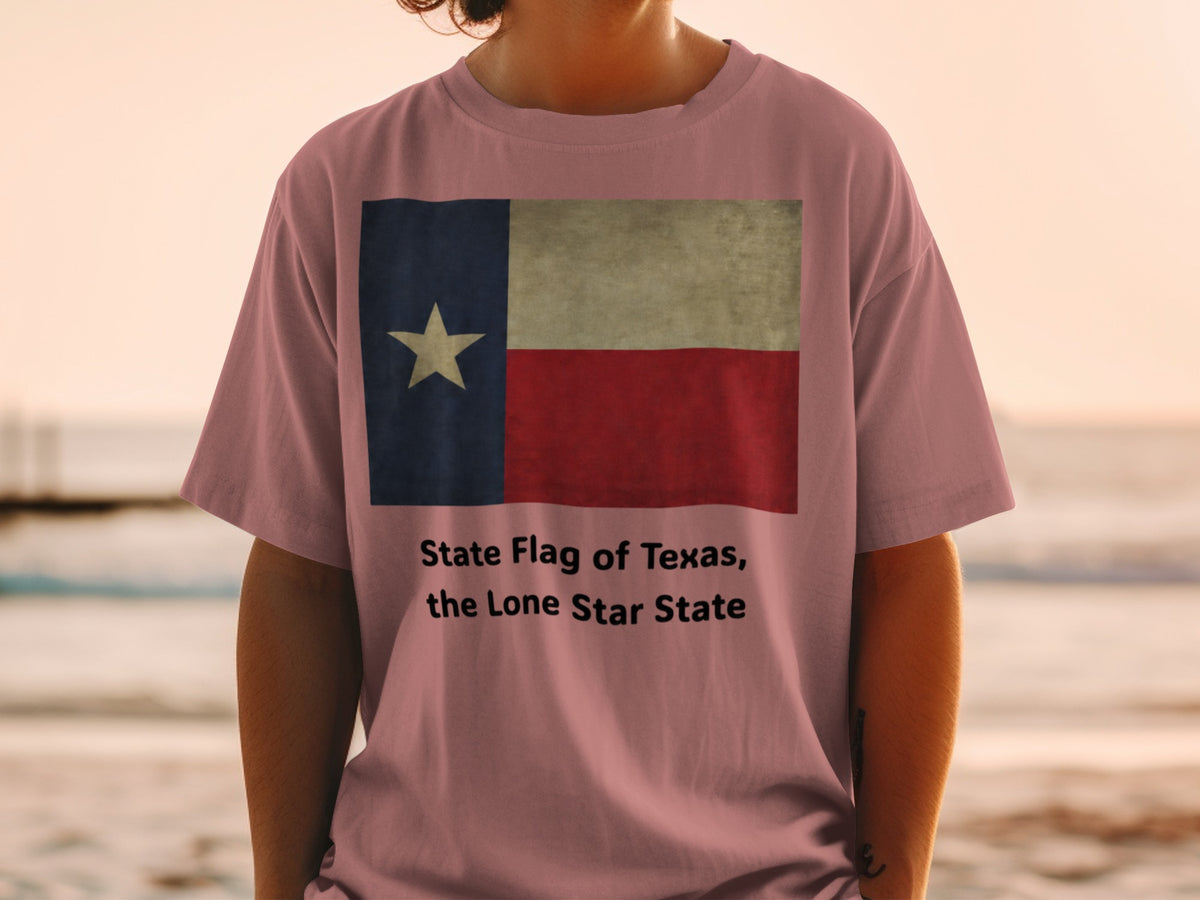 T-shirt with Texas state flag and "State Flag of Texas, the Lone Star State" text.