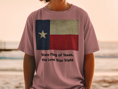T-shirt with Texas state flag and "State Flag of Texas, the Lone Star State" text.