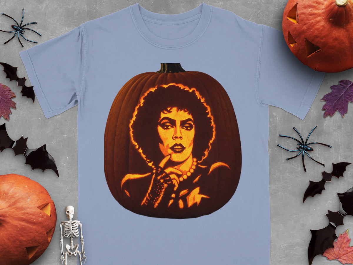 Blue t-shirt featuring a carved pumpkin graphic of Frank-N-Furter from The Rocky Horror Picture Show.