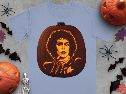 Blue t-shirt featuring a carved pumpkin graphic of Frank-N-Furter from The Rocky Horror Picture Show.