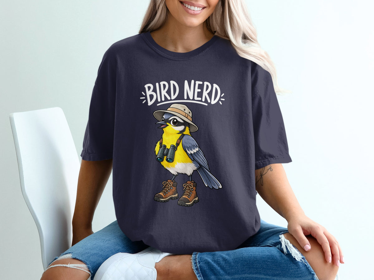 T-shirt with "BIRD NERD" text and cartoon bird wearing hat, binoculars, and boots.
