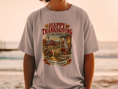 T-shirt with "Happy Thanksgiving Ye Olde Homeplace" and a pastoral scene.