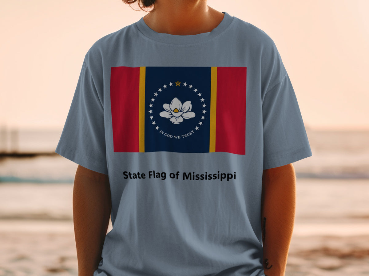 Blue t-shirt with the Mississippi state flag design and "State Flag of Mississippi" text.