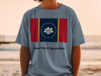 Blue t-shirt with the Mississippi state flag design and "State Flag of Mississippi" text.
