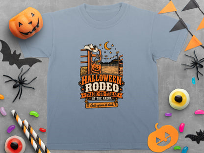 Blue t-shirt with "Halloween Rodeo Trick-or-Treat at the Arena" graphic.