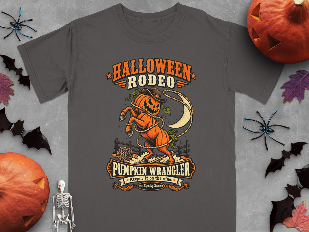 Halloween Rodeo graphic on a t-shirt with a pumpkin horse and text.