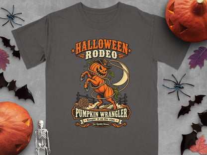 Halloween Rodeo graphic on a t-shirt with a pumpkin horse and text.