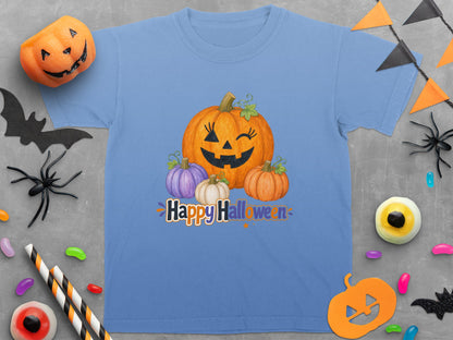 Blue t-shirt with pumpkins and "Happy Halloween" text, surrounded by Halloween decorations.