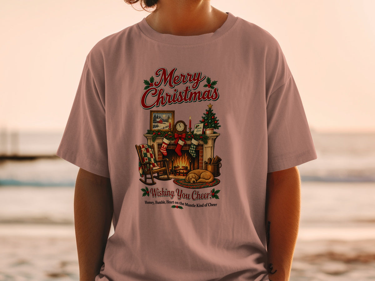 T-shirt with Merry Christmas graphic featuring a fireplace, Christmas tree, and sleeping dog.
