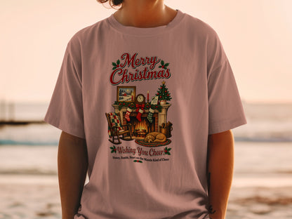 T-shirt with Merry Christmas graphic featuring a fireplace, Christmas tree, and sleeping dog.