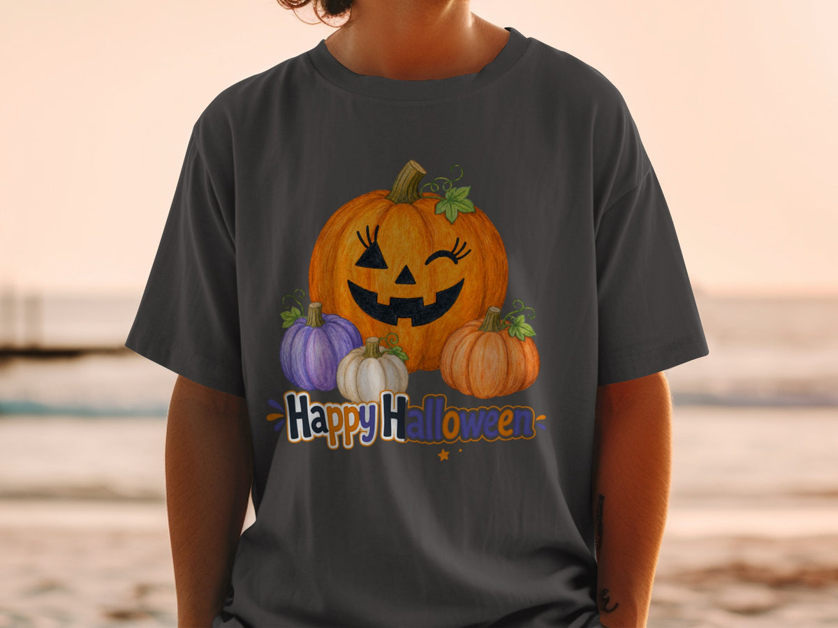 Happy Halloween graphic with pumpkins and text on a dark gray t-shirt.