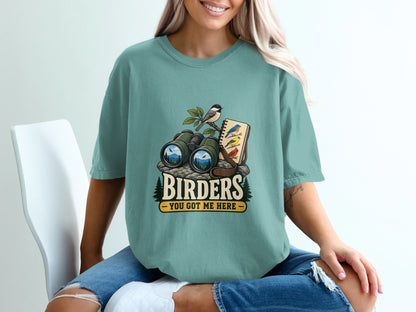 Birdwatching graphic with binoculars, journal, birds, and text "Birders You Got Me Here".