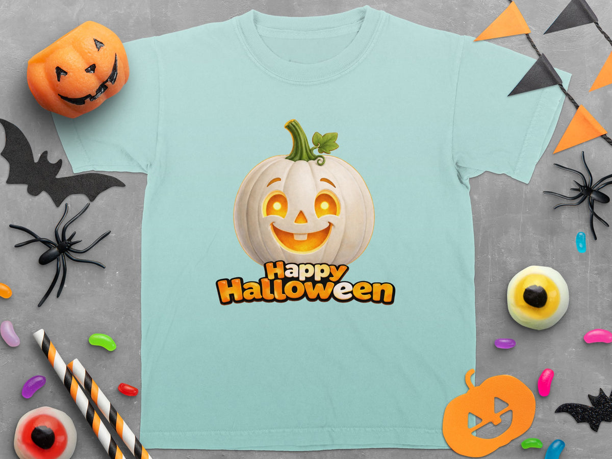 Light blue t-shirt with a glowing white pumpkin and "Happy Halloween" text.