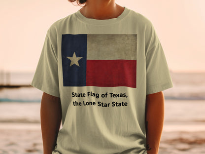 Texas flag on a light t-shirt, reading "State Flag of Texas, the Lone Star State".