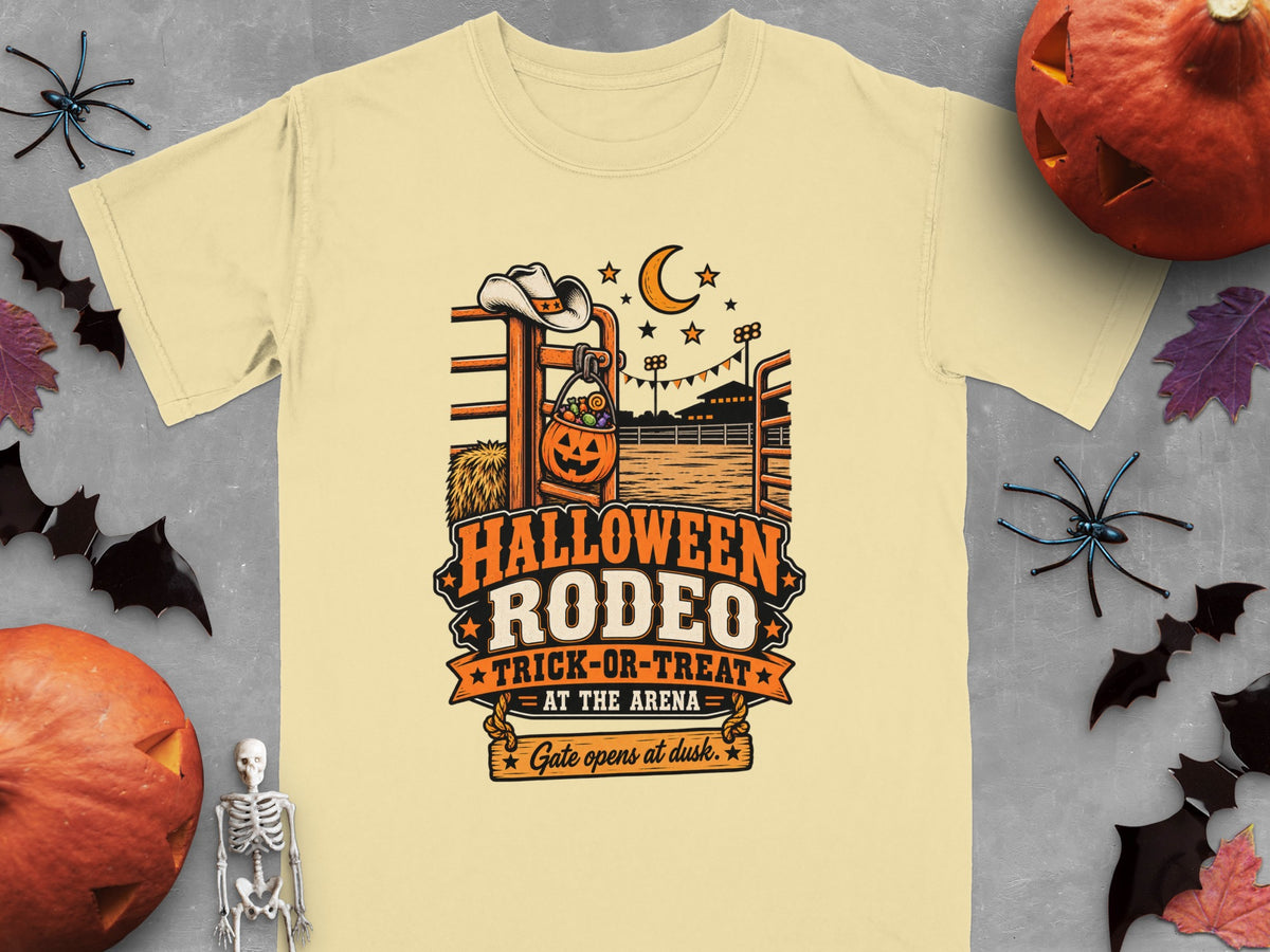 T-shirt with "Halloween Rodeo Trick-or-Treat" graphic and rodeo arena scene.