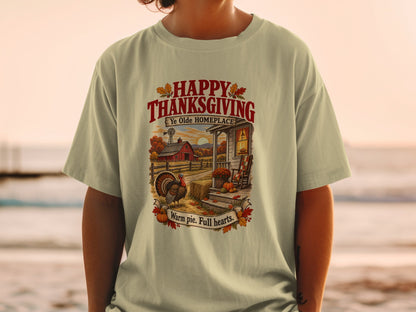 Thanksgiving graphic with turkey, farm, and text "Happy Thanksgiving Ye Olde Homeplace Warm pie. Full hearts."