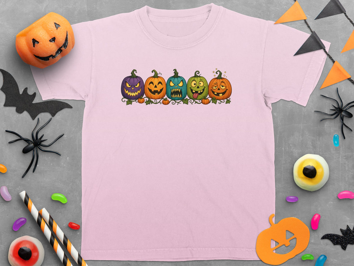 Pink t-shirt with a cartoon of five different colored pumpkins with faces.