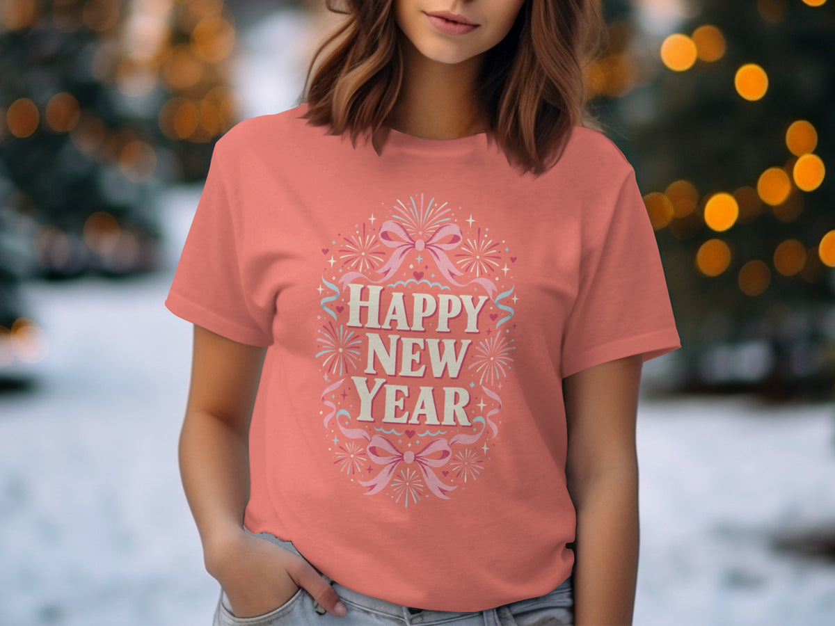 Coral t-shirt with "Happy New Year" text surrounded by fireworks and ribbons.