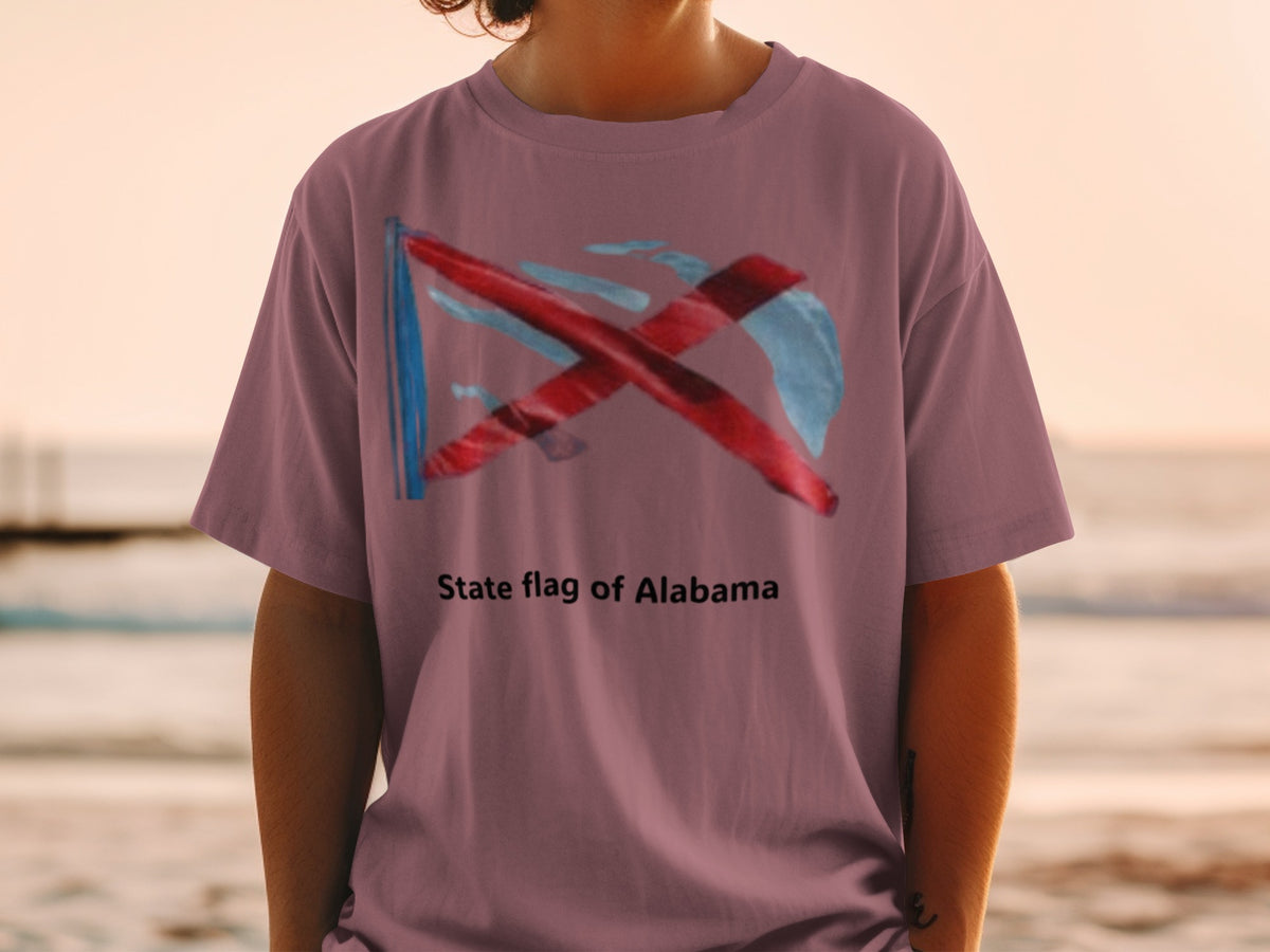 T-shirt with Alabama state flag design and text "State flag of Alabama."
