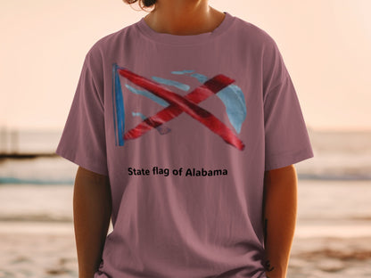 T-shirt with Alabama state flag design and text "State flag of Alabama."