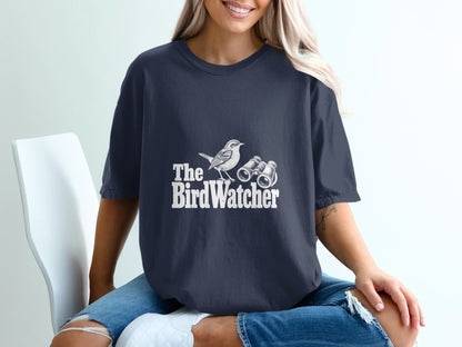 Navy t-shirt with "The Bird Watcher" text, a bird, and binoculars graphic.