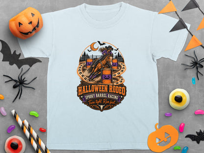 T-shirt with Halloween Rodeo graphic of a woman barrel racing.