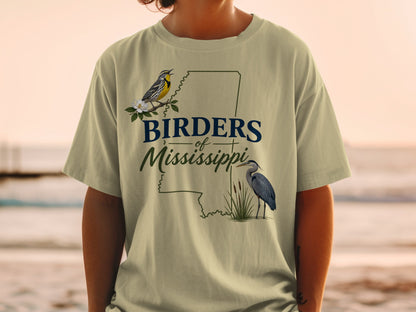 T-shirt graphic: Birders of Mississippi text, Mississippi outline, yellow bird, and blue heron.