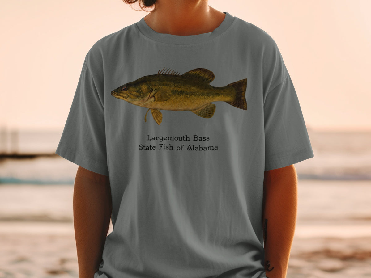 T-shirt with Largemouth Bass and "State Fish of Alabama" text.