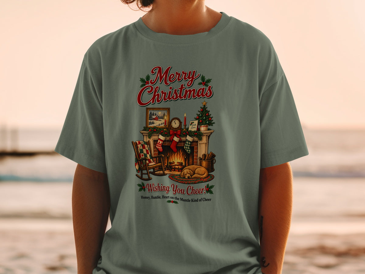 Merry Christmas design with fireplace, dog, and "Wishing You Cheer!" text.