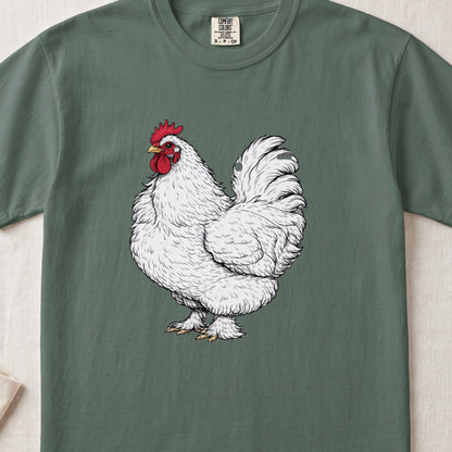A moss green t-shirt featuring a detailed illustration of a fluffy white rooster with a red comb.