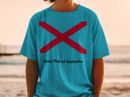 Turquoise t-shirt with red cross and "State Flag of Alabama" text.