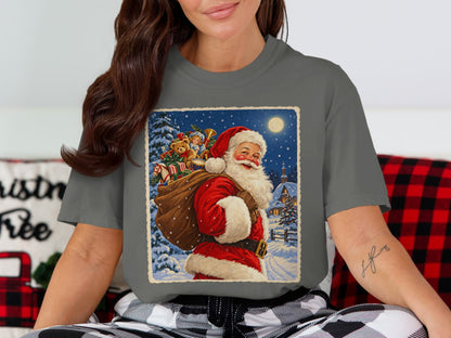 Christmas scene with Santa Claus carrying a sack of gifts on a snowy night.