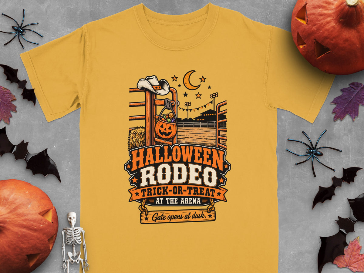Yellow t-shirt with "Halloween Rodeo Trick-or-Treat" graphic featuring cowboy hat and pumpkin.