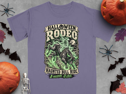 Purple t-shirt with "Halloween Rodeo Haunted Bull Ride" graphic featuring a bull and rider.