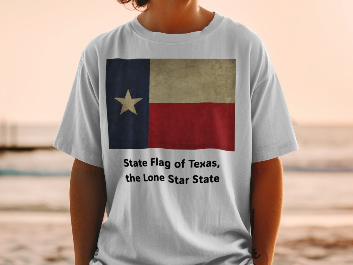 Texas state flag with text "State Flag of Texas, the Lone Star State" on shirt.