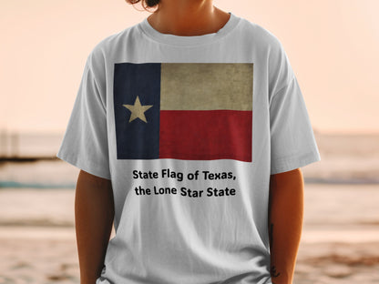 Texas state flag with text "State Flag of Texas, the Lone Star State" on shirt.