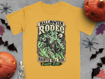 Yellow t-shirt with "Halloween Rodeo" and "Haunted Bull Ride" text, featuring a skeleton riding a bull.