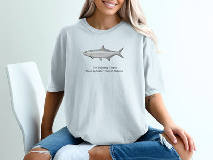 T-shirt with watercolor illustration of a tarpon and text "The Fighting Tarpon State Saltwater Fish of Alabama".