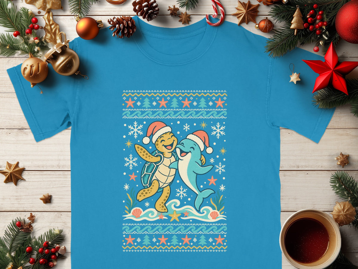 Blue t-shirt with a Christmas-themed sea turtle and dolphin graphic.