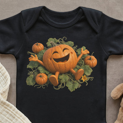 Black onesie with a happy cartoon pumpkin surrounded by vines and small pumpkins.