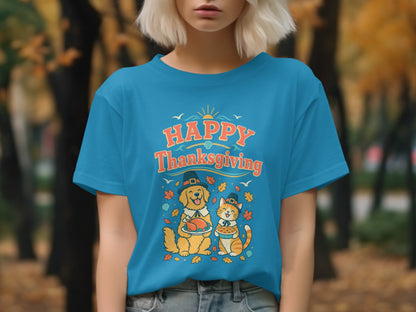Blue t-shirt with "Happy Thanksgiving" text, a dog holding a turkey, and a cat holding a pie.