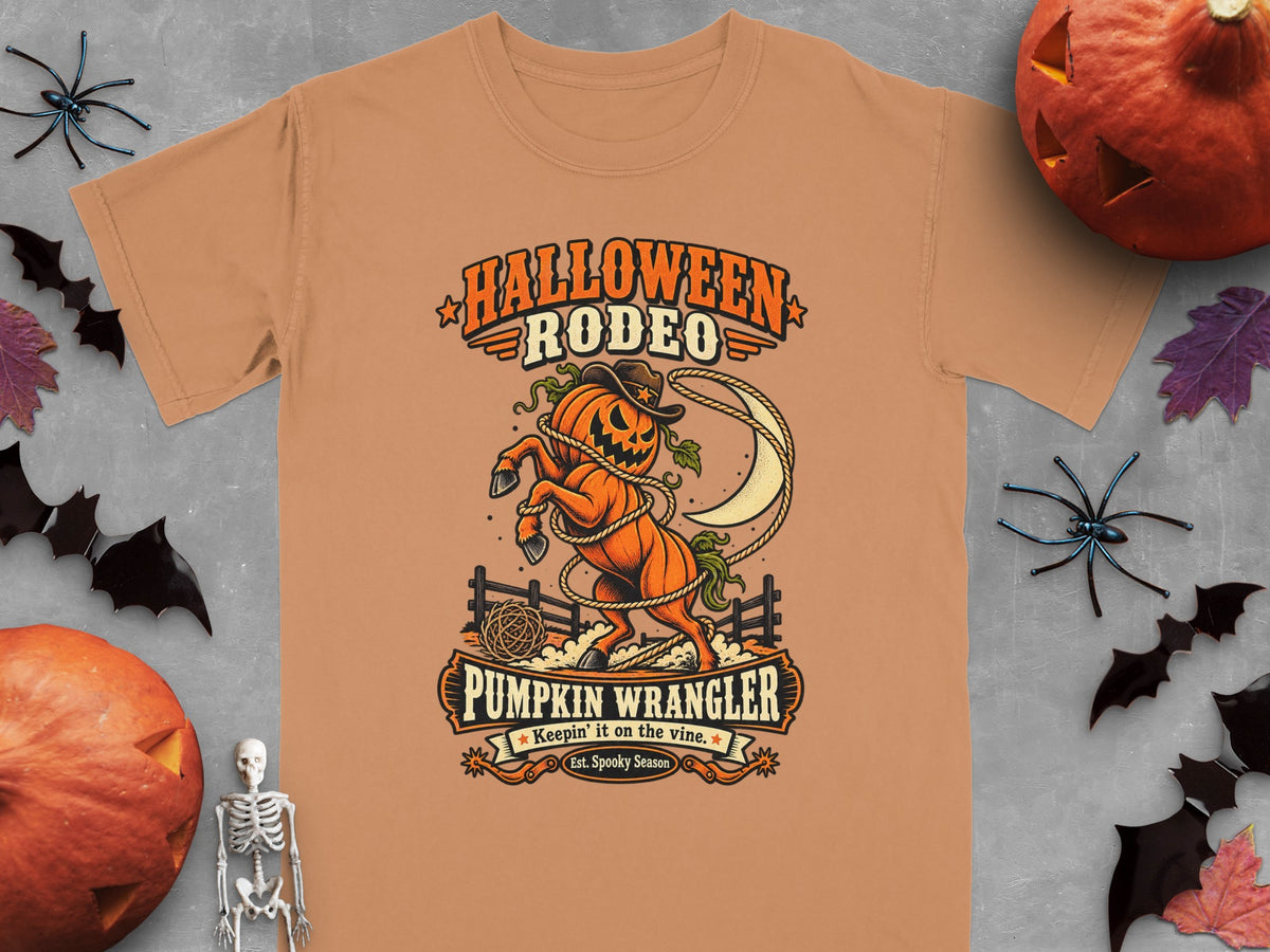 Orange t-shirt with Halloween Rodeo graphic featuring a pumpkin with a cowboy hat and lasso.