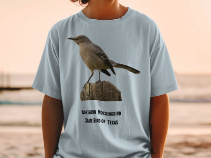 Northern Mockingbird, State Bird of Texas, on a light blue t-shirt.