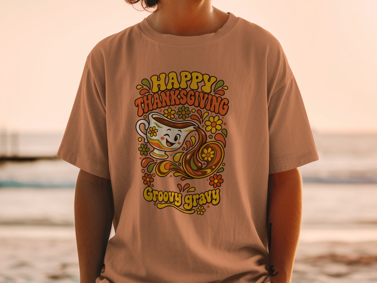 Happy Thanksgiving shirt with a retro gravy boat and floral design.