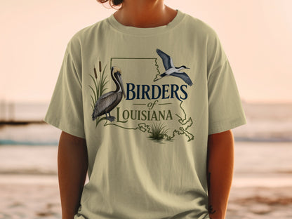 T-shirt with "Birders of Louisiana" text and illustrations of a pelican and bird.
