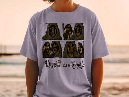 Four-panel comic showing a dryad in a tree, with text "Dryad Finds a Friend!".