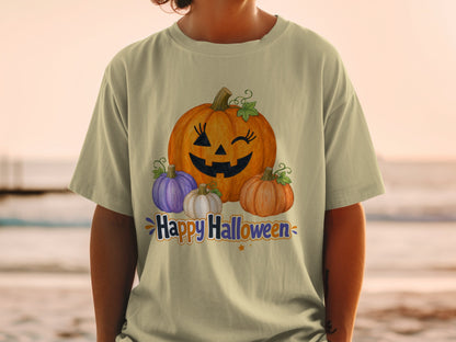 T-shirt with graphic of smiling pumpkin and smaller pumpkins, reads "Happy Halloween".