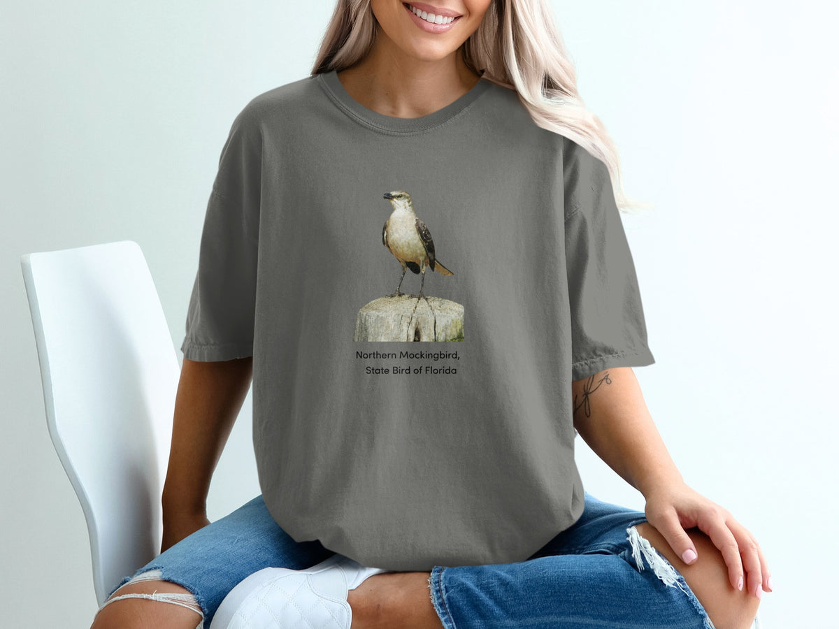 Northern Mockingbird, State Bird of Florida graphic on grey t-shirt.