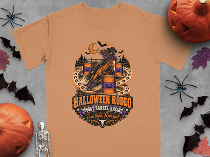 T-shirt graphic for Halloween Rodeo spooky barrel racing, featuring a rider and horse.