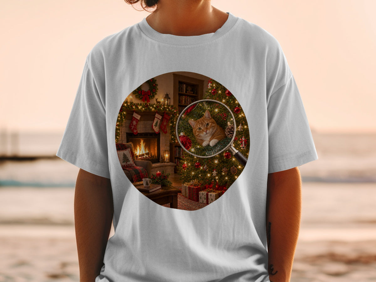 Ginger cat looking through a magnifying glass at a Christmas tree and fireplace.